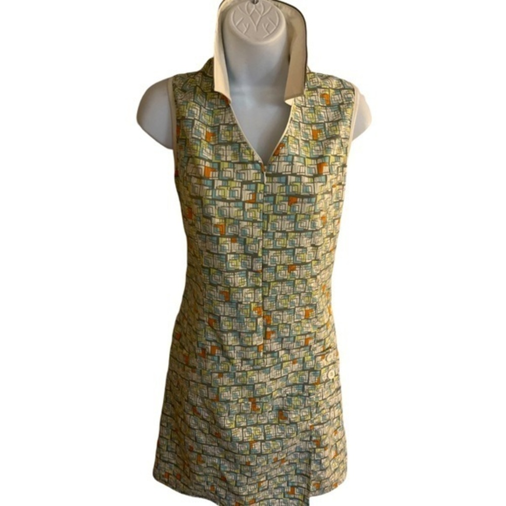 Nivo Tennis/Golf Opart Dress -S green , cream , orange print , poly spandex